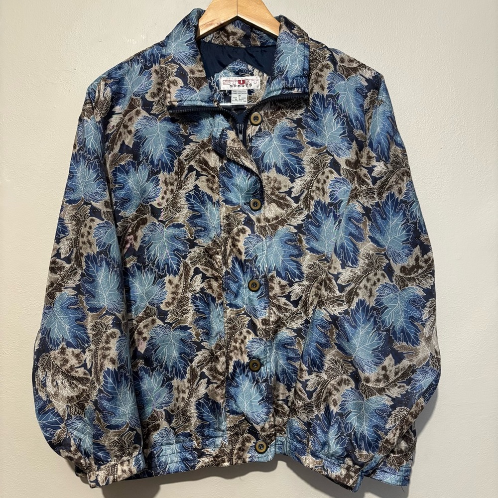 Vintage Stunt Sports Floral Abstract Silk Jacket Size Medium Blue Lightweight